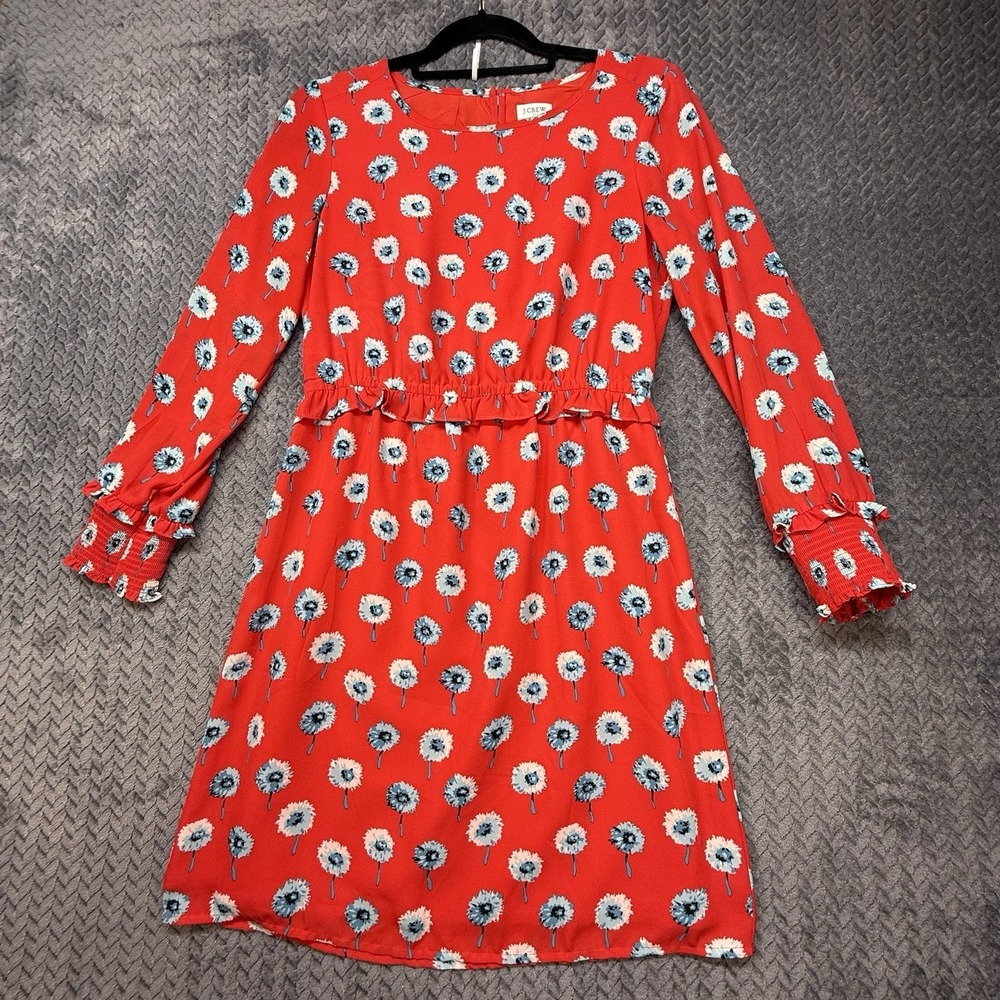 J. Crew Floral Ruffle Shift Dress Size 2 Red Blue Long Sleeve Lined Factory